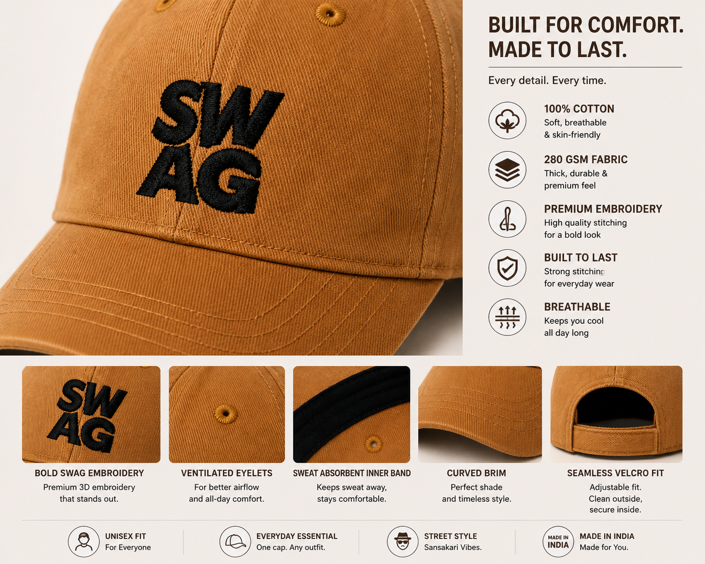 SWAG - Khaki Baseball Cap - Sanskari Swag